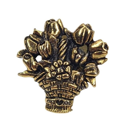 Vintage Gold Tone Flower Basket Lapel Pin Miniature Tulip Bouquet Signed CTA - Picture 1 of 6